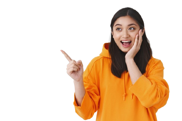 impressed surprised kawaii asian girl orange hoodie touching cheek awe smiling pointing left something amazing cool promo awesome discount offer stand white background removebg preview