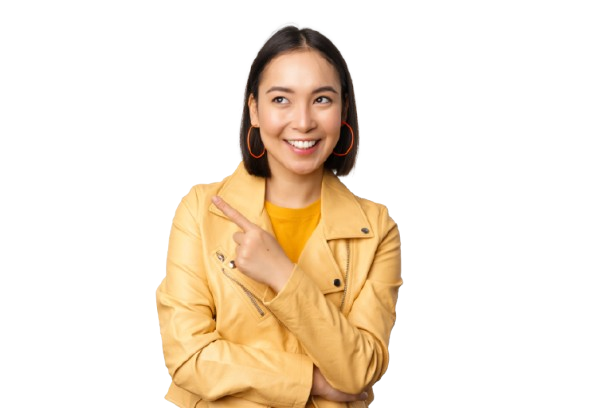 portrait smiling asian woman pointing looking left choosing item showing logo banner standing white background removebg preview
